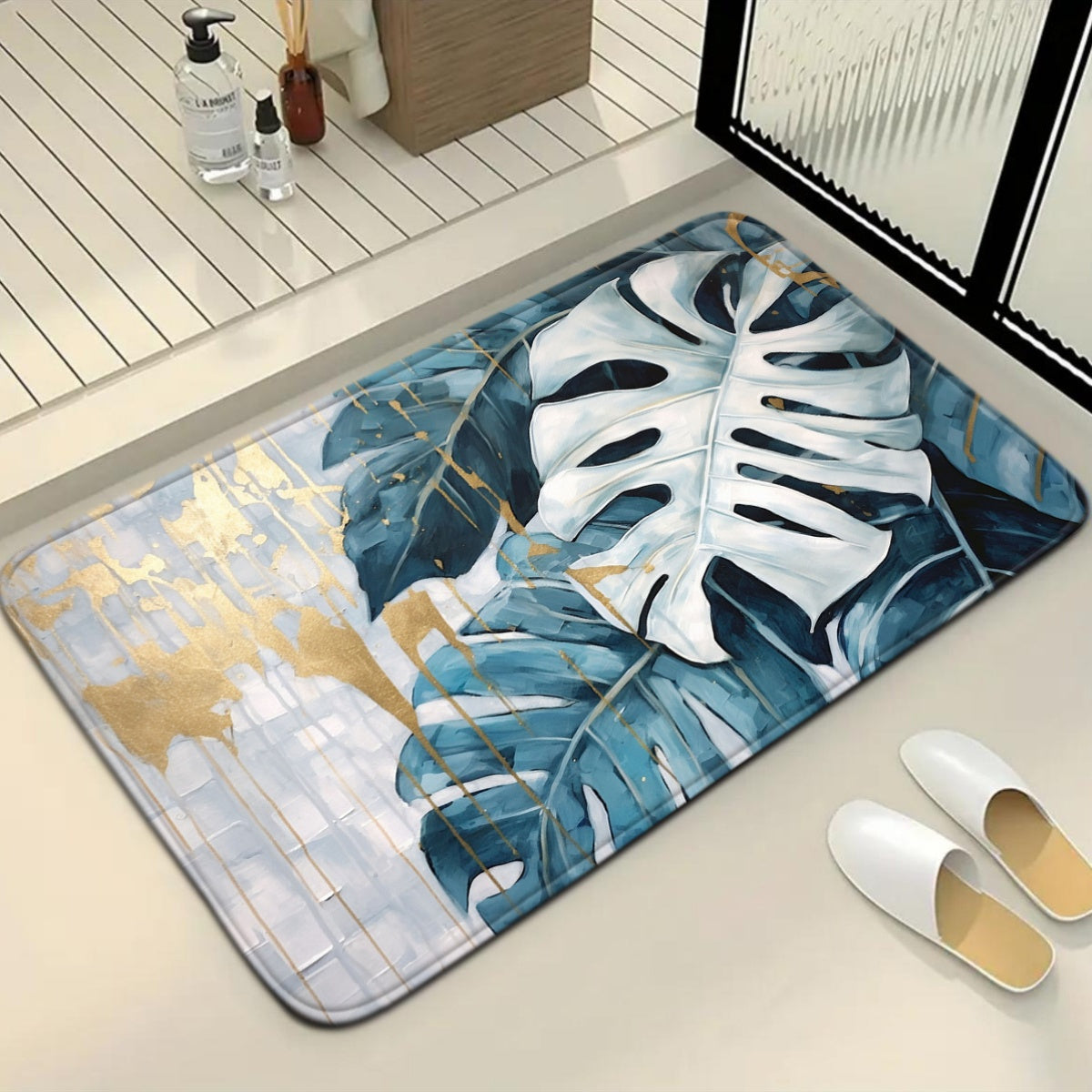 3pcs Blue And White Turtle Back Leaf Pattern Bathroom Mat Set with Toilet Seat Cover And U-Shaped Foot Pad.