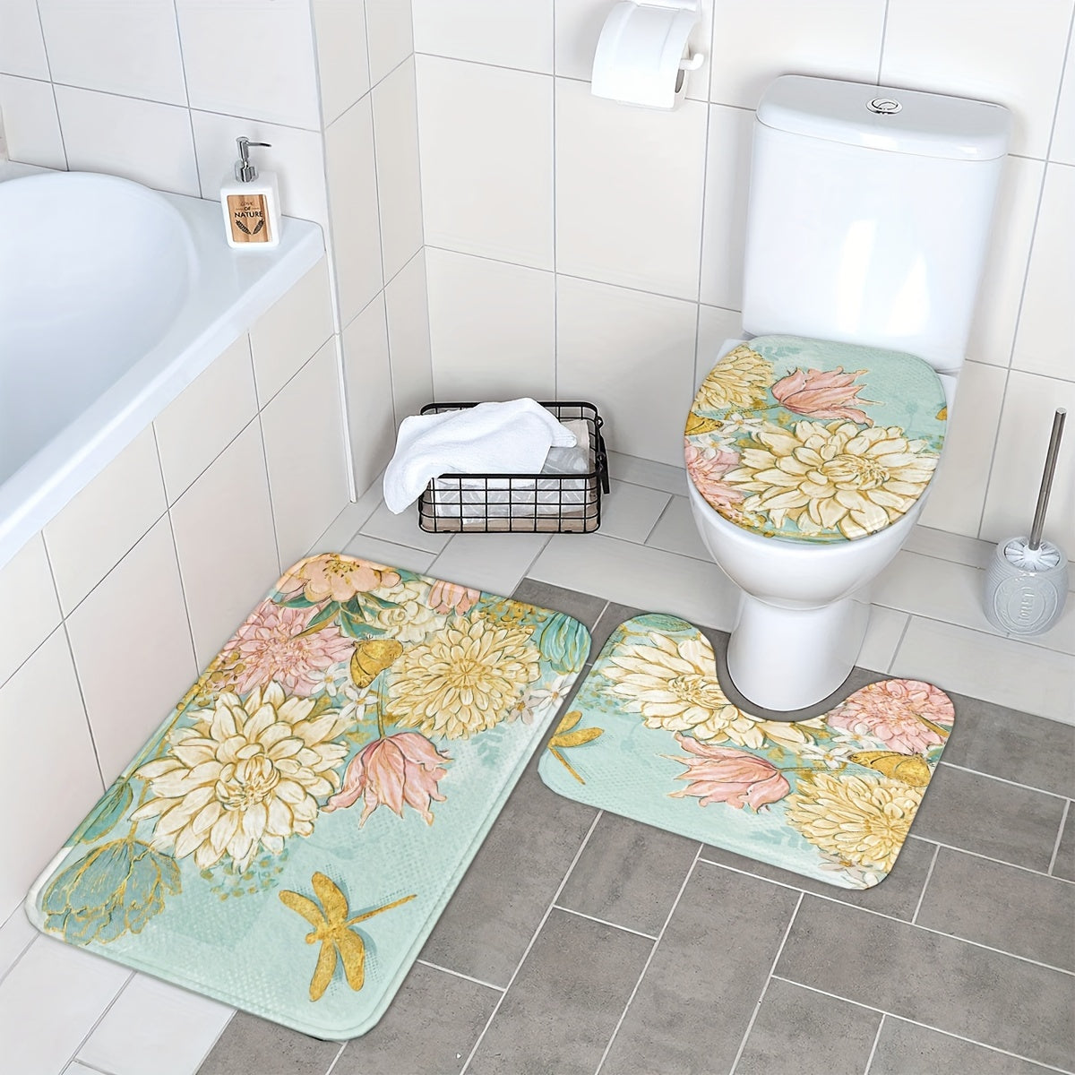 3-Piece Soft & Lightweight Floral Bathroom Rug Set: U-Shaped Toilet Seat Cover, Bath Mat, and Rug - Machine Washable for Bathroom Decor