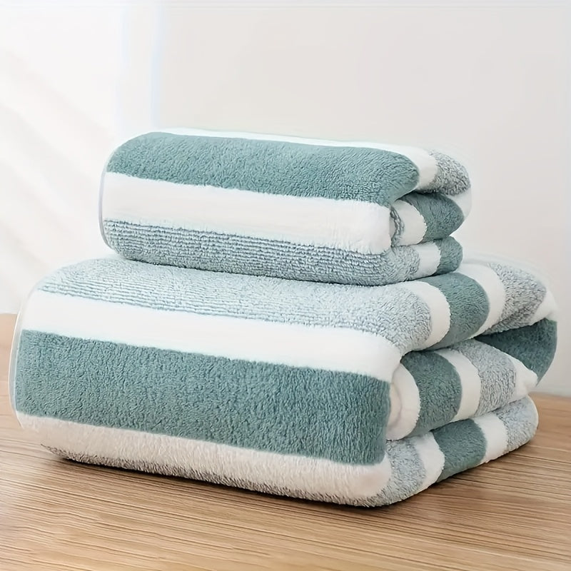 2pcs\u002Fset Ultra-Soft Striped Towel Set | 1 Bath Towel & 1 Hair Towel | Highly Absorbent Polyester | Autumn & Winter Comfort | Home Essentials