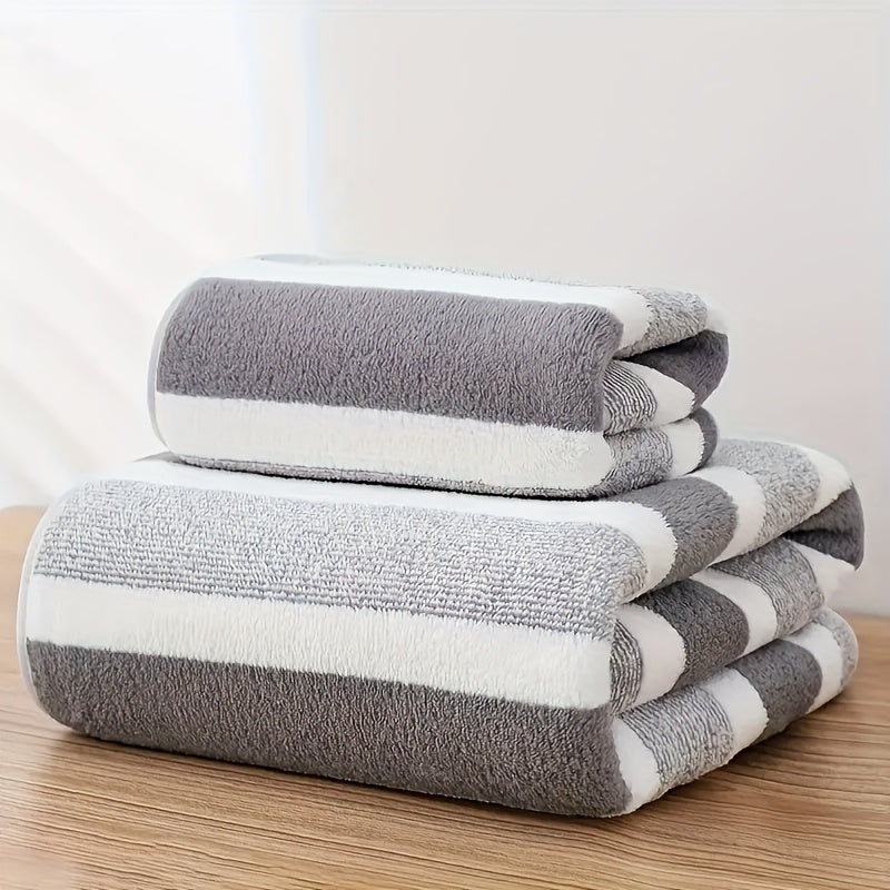2pcs\u002Fset Ultra-Soft Striped Towel Set | 1 Bath Towel & 1 Hair Towel | Highly Absorbent Polyester | Autumn & Winter Comfort | Home Essentials