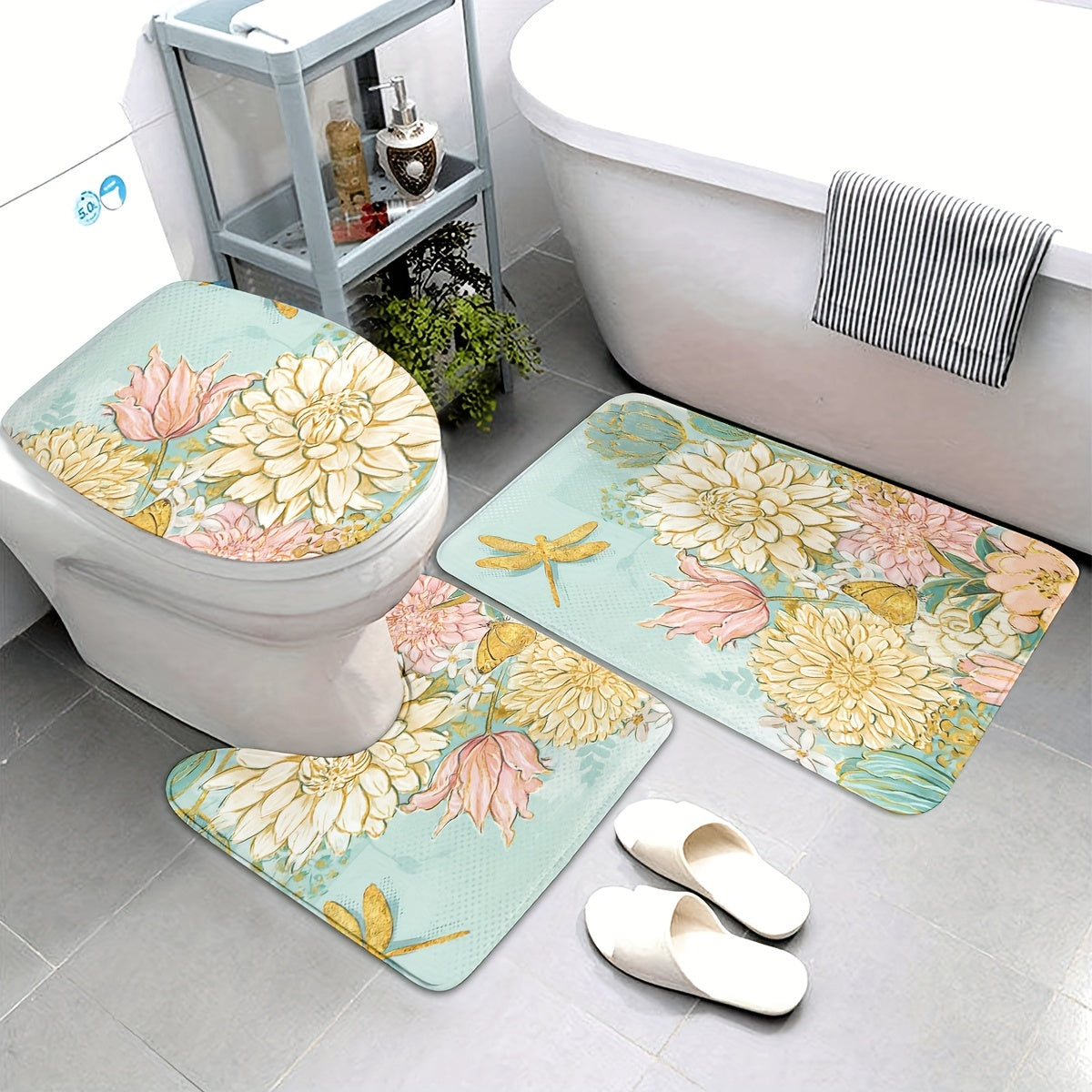 3-Piece Soft & Lightweight Floral Bathroom Rug Set: U-Shaped Toilet Seat Cover, Bath Mat, and Rug - Machine Washable for Bathroom Decor