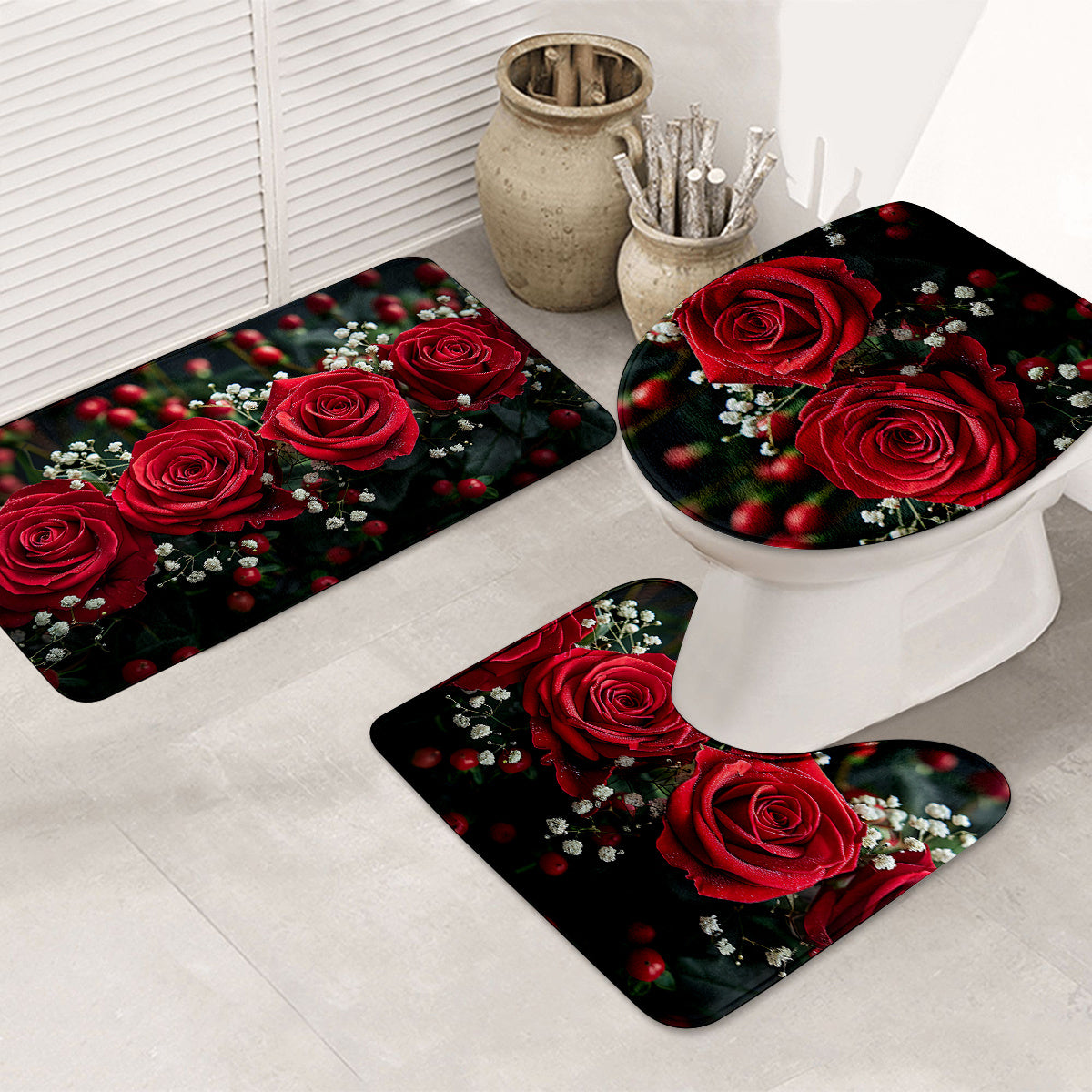 3pcs Beautiful Red Rose Pattern Bathroom Rugs, Bath Mat Set, Thickened Non-Slip Soft Fine Washable Rug, Bathroom Decorations, Set Includes Bath Blanket, Contour Mat And Toilet Lid Christmas Decoration