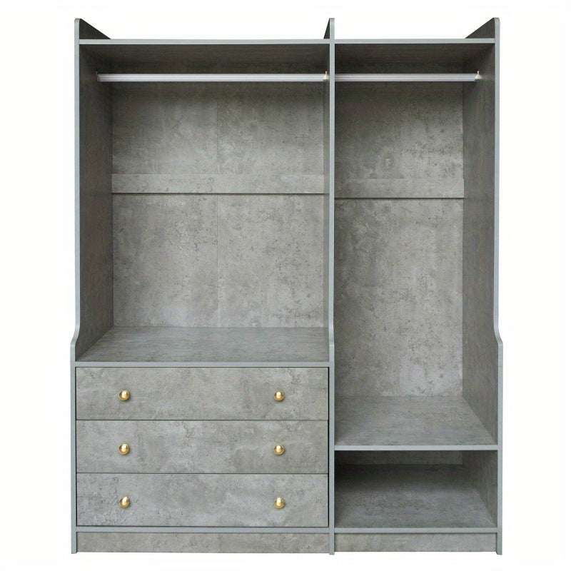 Modern Gray Wooden Wardrobe Organizer with Dual Hanging Rods, 5 Versatile Shelves & 3 Spacious Drawers – Stylish Bedroom Storage Solution for Clothes & Accessories
