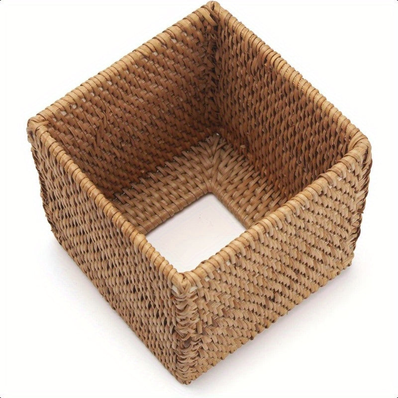 Natural Woven Rattan Tissue Box Cover - Stylish Square Napkin Holder with Lid, 5.5x5.5x5.9 Inch, Perfect for Kitchen & Dining Decor