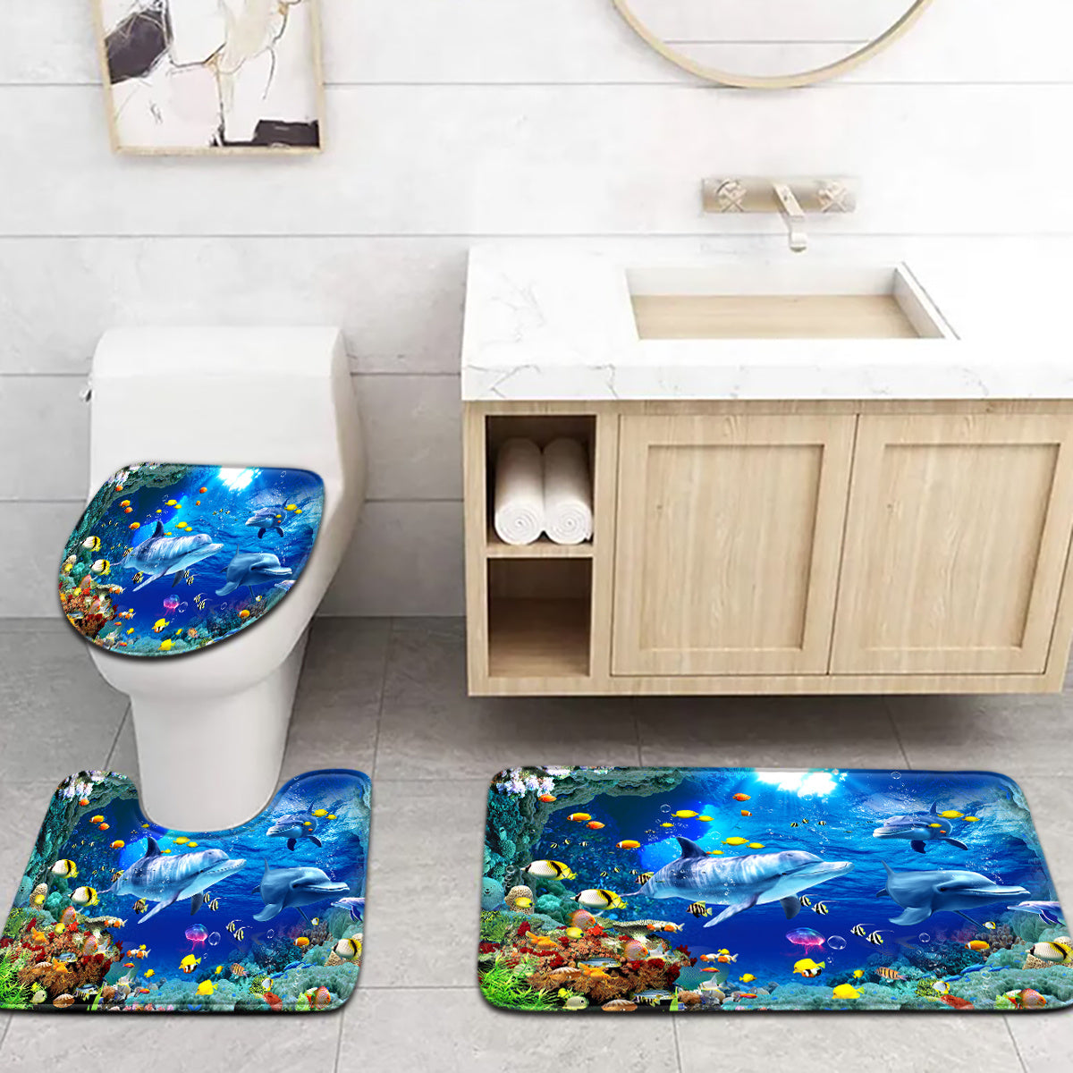 Open 3pcs Underwater World Series Colorful Jellyfish Dolphin Pattern Bathroom Mat Set Toilet Seat Ring U-shaped Foot Pad