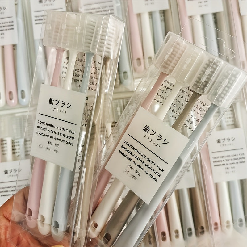 Set of 4 Soft-Bristled Toothbrushes in Japanese Macaron Colors, Complete with Protective Cases - Ideal for Portable And Professional Dental Hygiene for Adults.