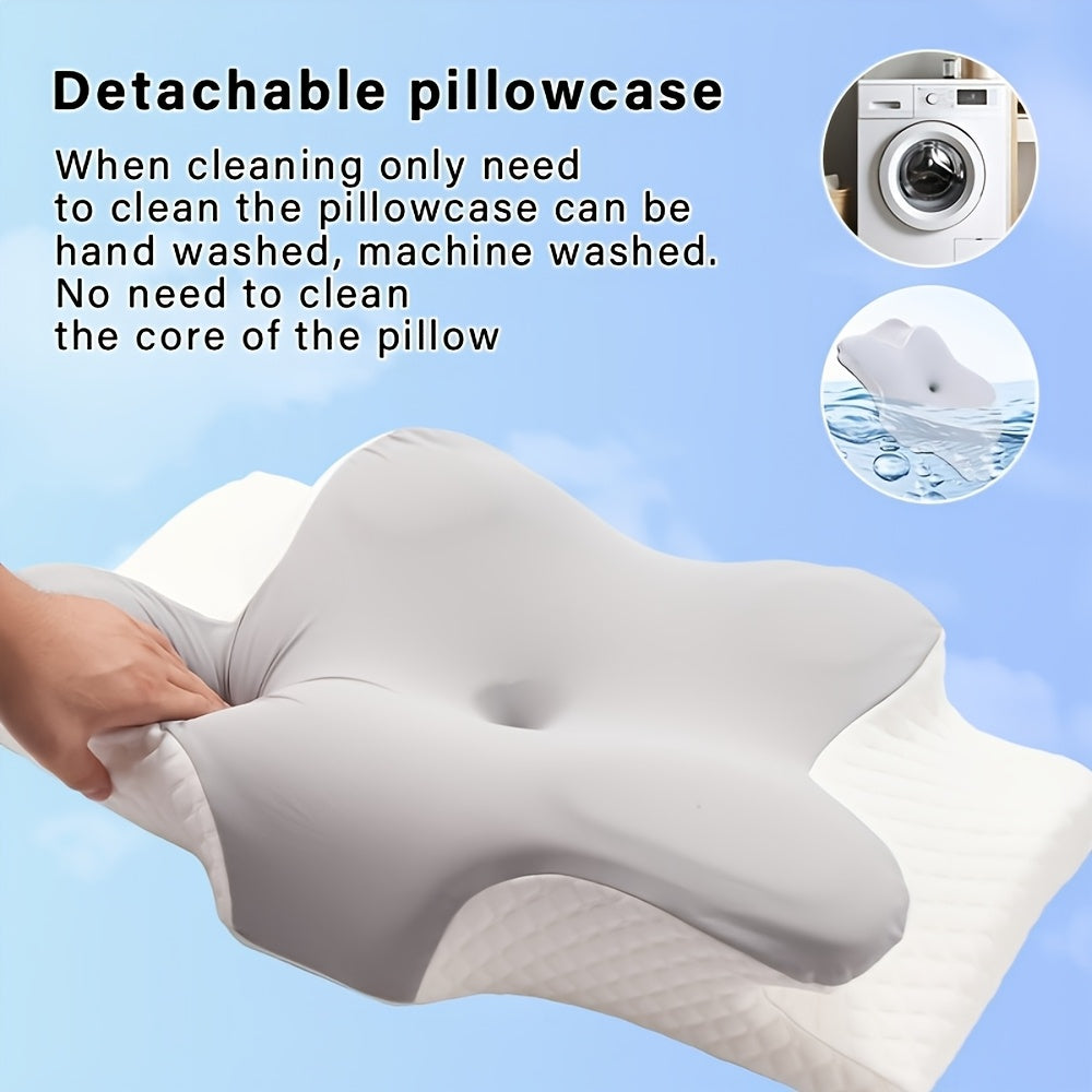 1pc Ergonomic Butterfly-Shaped Pillow - Slow Rebound Cervical Support, Sleep Relaxation Pillow for Back & Side Sleepers, Spine Alignment, Hypoallergenic, Machine Washable Cover, White