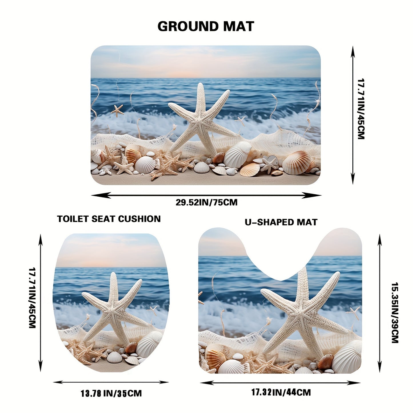 3-Piece Polyester Ocean Coastal Starfish Beach Bath Rugs Set - Machine Washable, Low Pile, Ground Mat, Toilet Seat Cushion, and U-Shaped Mat