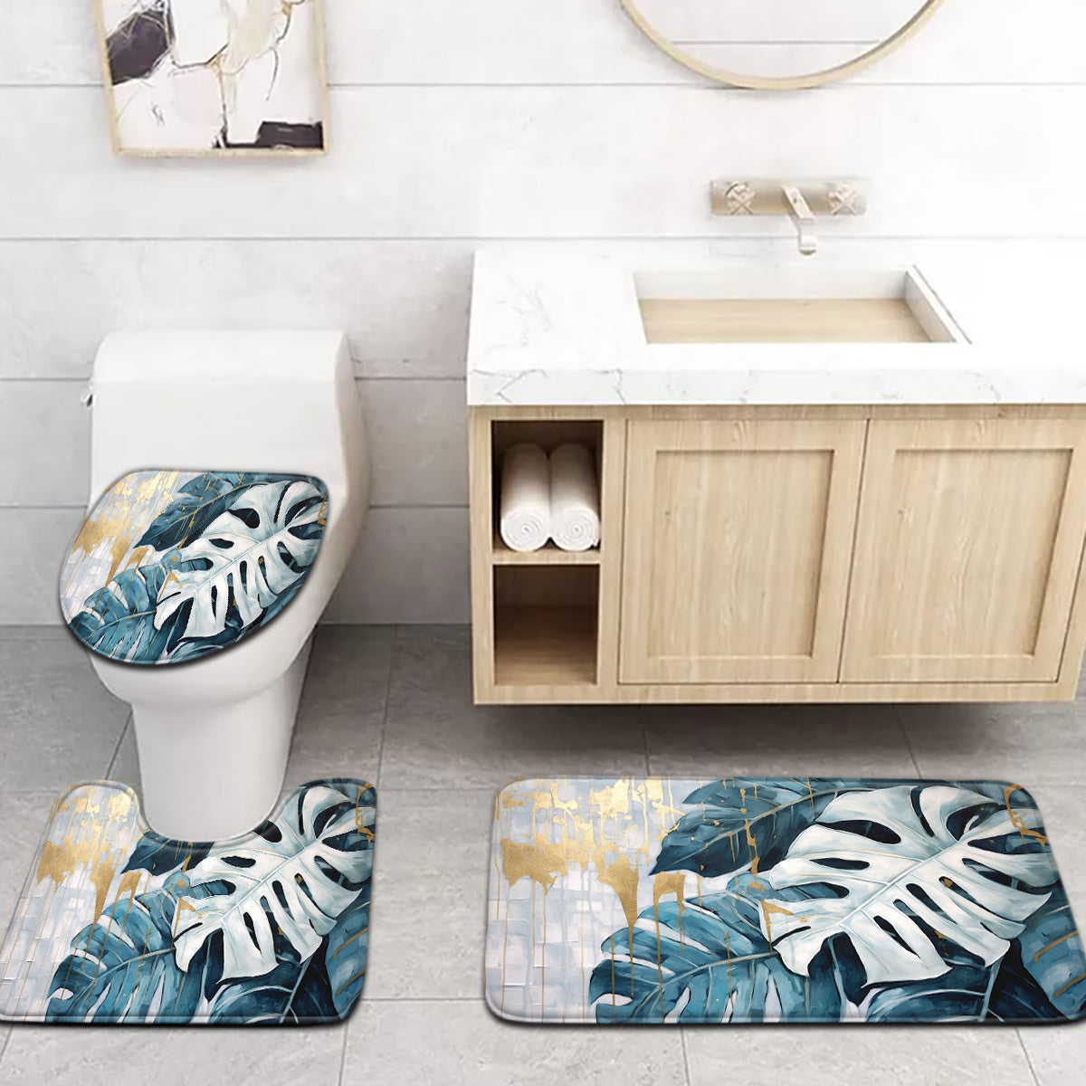 3pcs Blue And White Turtle Back Leaf Pattern Bathroom Mat Set with Toilet Seat Cover And U-Shaped Foot Pad.