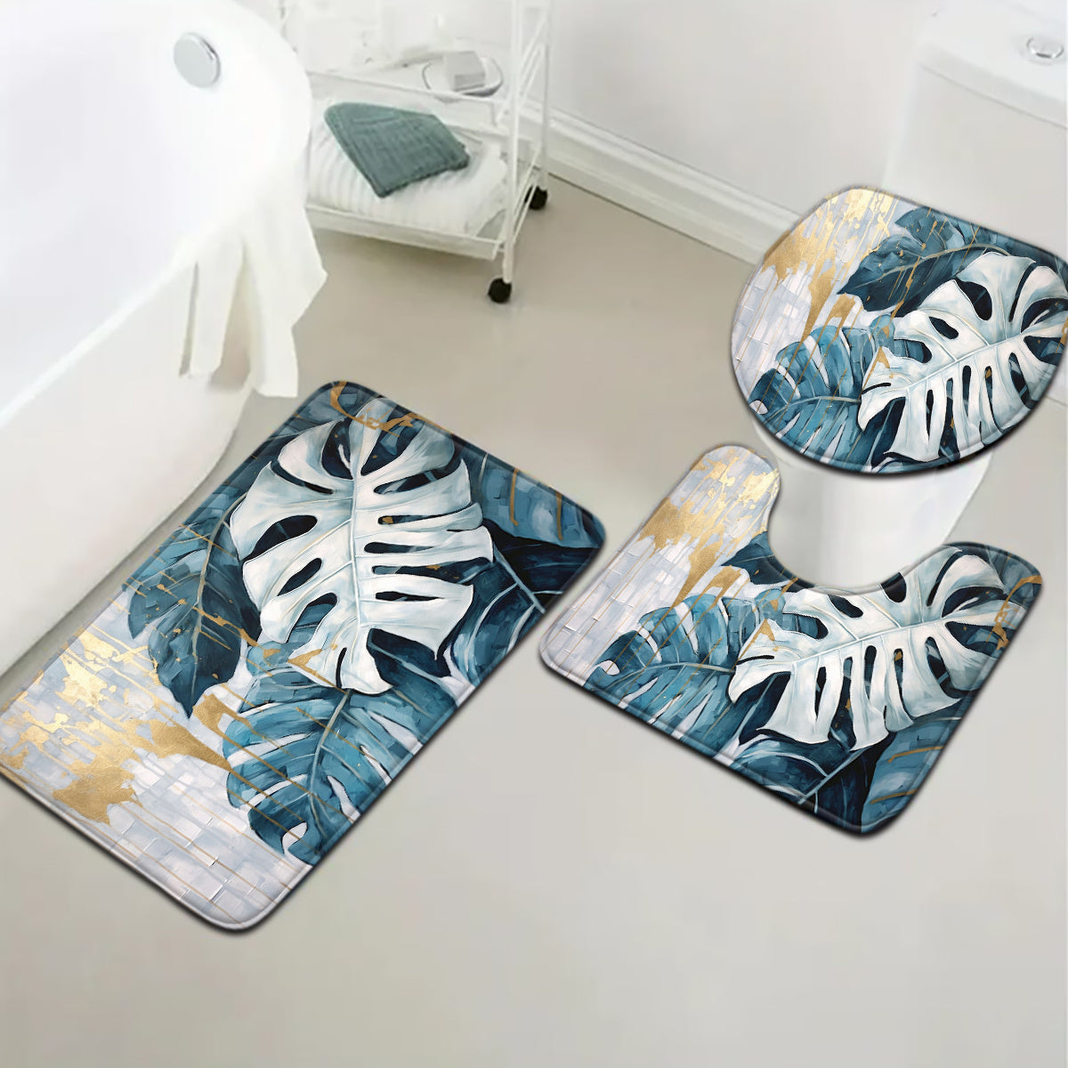 3pcs Blue And White Turtle Back Leaf Pattern Bathroom Mat Set with Toilet Seat Cover And U-Shaped Foot Pad.