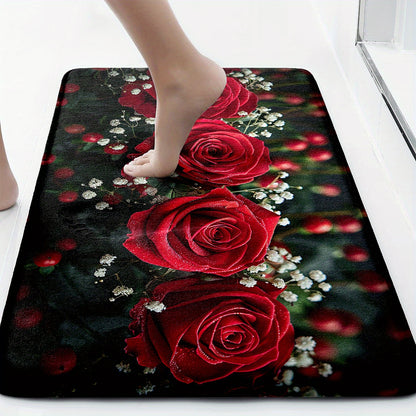 3pcs Beautiful Red Rose Pattern Bathroom Rugs, Bath Mat Set, Thickened Non-Slip Soft Fine Washable Rug, Bathroom Decorations, Set Includes Bath Blanket, Contour Mat And Toilet Lid Christmas Decoration
