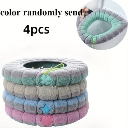 4pcs Soft & Cozy Stretchable Toilet Seat Covers - Plush Gray, Light Blue, Pink & Beige Washable Polyester Pads for All Oval Toilet Seats, Comfortable and Hygienic Bathroom Upgrade