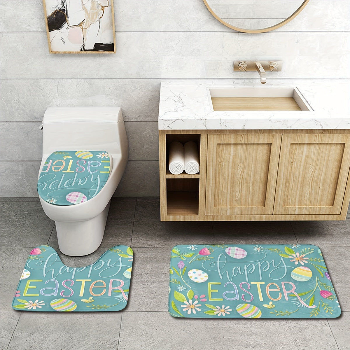 3pcs Set Print Bathroom Rugs and Mats,Anti-slip Bathroom Mats,Soft Machine Washable Bath Mats for Bathroom Floor Carpet,Absorbent Shower Rug with U-Shaped Contour Rug Toilet Lid Rugs,Bathroom Decor,Bathroom Accessories