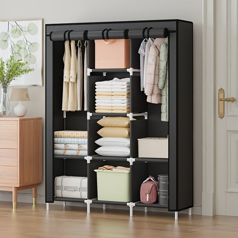 1pc Space-Saving Reinforced Metal Frame Closet Organizer - Easy Assembly, Multi-Compartment Storage for Bedroom & Travel Essentials, Black\u002FGray Options, Modern Compact Wardrobe Solution