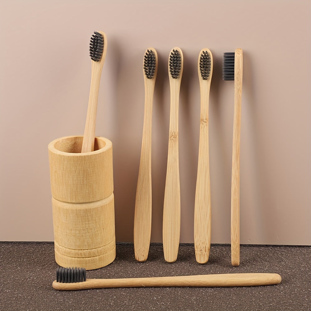 6pcs Bamboo Toothbrushes with Soft Nylon Bristles, Manual Wooden Handle for Sensitive Gums, Deep Cleaning Oral Care, High-Quality & Odorless, Includes Natural Wooden Holder for Daily Use, Toothbrush Holder