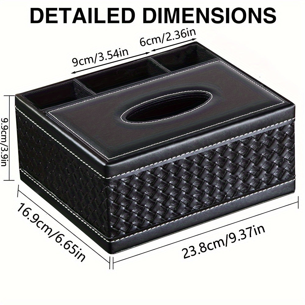 Black Faux Leather Tissue Box with Remote Control Holder & Smartphone Stand – Stylish Storage for Coffee Table, Living Room, and Home Essentials, Cute Tissue Box