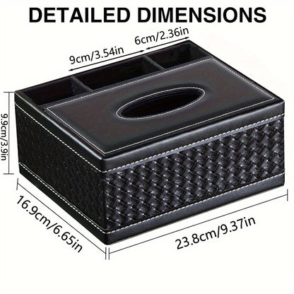 Black Faux Leather Tissue Box with Remote Control Holder & Smartphone Stand – Stylish Storage for Coffee Table, Living Room, and Home Essentials, Cute Tissue Box