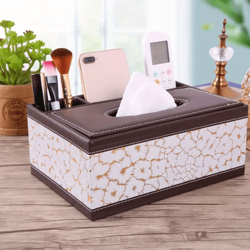 Black Faux Leather Tissue Box with Remote Control Holder & Smartphone Stand – Stylish Storage for Coffee Table, Living Room, and Home Essentials, Cute Tissue Box