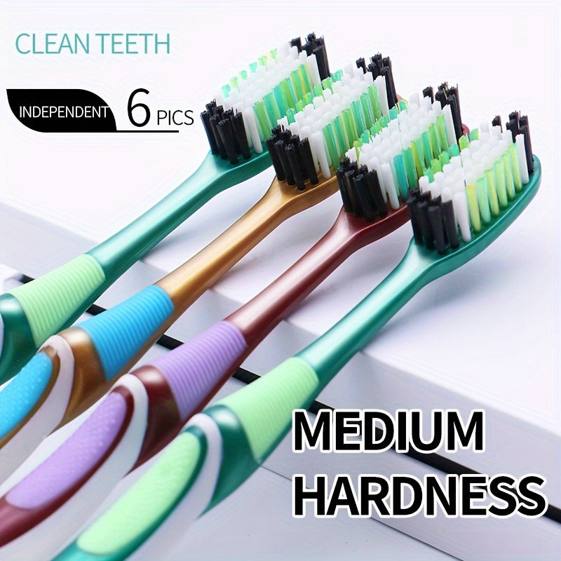 Medium Hardness 6-Pack Toothbrushes: Large Head, Durable, and Independent Packs (2 Red, 2 Green, 2 Yellow) - Super Fine Fiber Bristles for Home Use