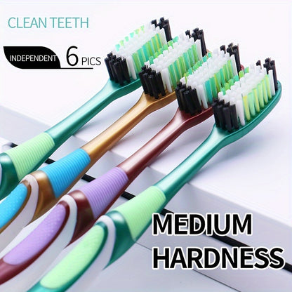 Medium Hardness 6-Pack Toothbrushes: Large Head, Durable, and Independent Packs (2 Red, 2 Green, 2 Yellow) - Super Fine Fiber Bristles for Home Use