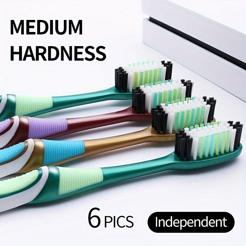 6-Piece Medium Hardness Toothbrush Set: Large Heads, Colorful, and Efficient - Adult Family Pack - 6 Independent Wraps, Suitable for Home Use