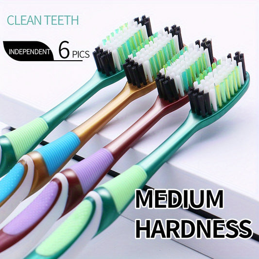 6-Piece Medium Hardness Toothbrush Set: Large Heads, Colorful, and Efficient - Adult Family Pack - 6 Independent Wraps, Suitable for Home Use