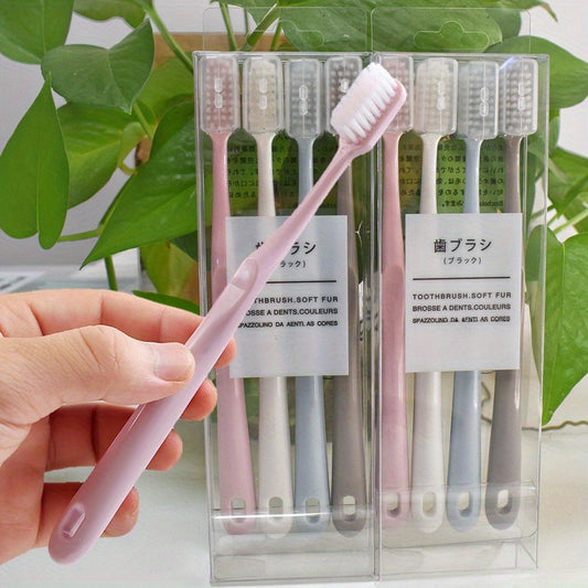 Set of 4 Soft-Bristled Toothbrushes in Japanese Macaron Colors, Complete with Protective Cases - Ideal for Portable And Professional Dental Hygiene for Adults.