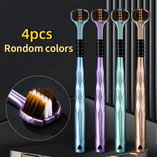 Ergonomic Manual Toothbrush Set with 3 Heads, Golden Vesuvius Bristles, Soft Grip Handle - Nylon Bristle, Adult Dental Care, 4-Piece