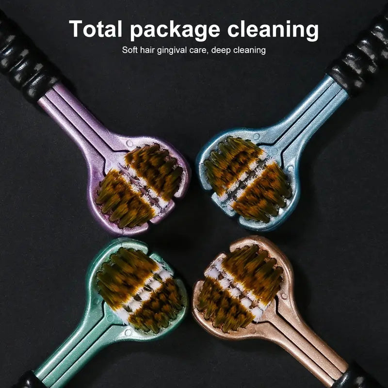Ergonomic Manual Toothbrush Set with 3 Heads, Golden Vesuvius Bristles, Soft Grip Handle - Nylon Bristle, Adult Dental Care, 4-Piece