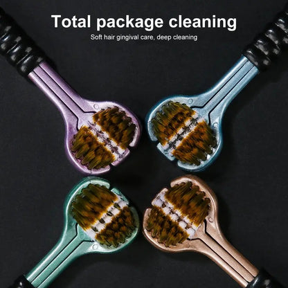 Ergonomic Manual Toothbrush Set with 3 Heads, Golden Vesuvius Bristles, Soft Grip Handle - Nylon Bristle, Adult Dental Care, 4-Piece