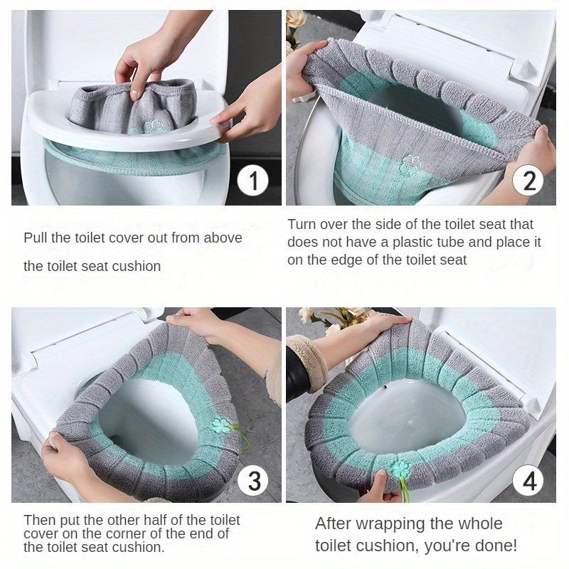 4-Pack Cozy Knitted Toilet Seat Covers, Thickened Washable Polyester Fiber, Non-Slip Bathroom Seat Protector with Drawstring