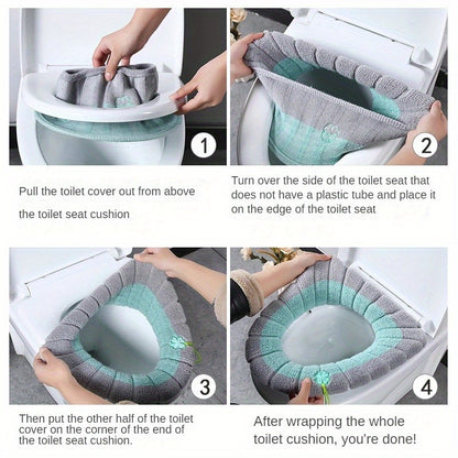 4-Pack Cozy Knitted Toilet Seat Covers, Thickened Washable Polyester Fiber, Non-Slip Bathroom Seat Protector with Drawstring