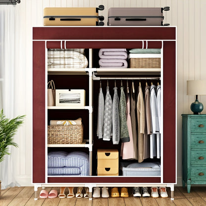 Sturdy Red & White Rolling Closet with Steel Frame – Easy Assembly, Multiple Compartments, Shelves & Hanging Rod for Bedroom, Rental Home, or Small Spaces, Portable Closet
