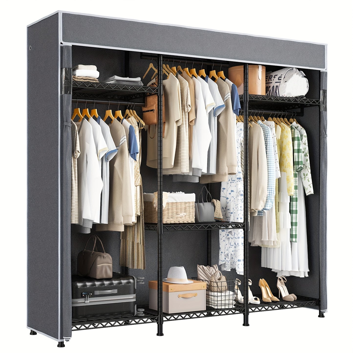 1pc Heavy Duty Metal Garment Rack with Cover, 795 LBS Load Capacity, Portable Freestanding Closet Organizer for Bedroom, Lacquered Finish, Wire Hanging Clothes Storage - 56.1\