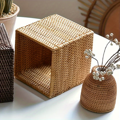 Handcrafted Square Rattan Tissue Box - Japanese Style Wicker Organizer for Desktop, Perfect for Kitchen, Bathroom, Bedroom & Office Decor