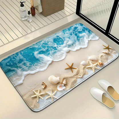 Beach Starfish Pattern Mat Set 3pcs Ocean Series Bathroom Mat Set - Fade Resistant, Woven, 580gsm Flannel Polyester - Includes Toilet Lid Cover, Seat, U-Shaped Foot Rug Beach Starfish Pattern