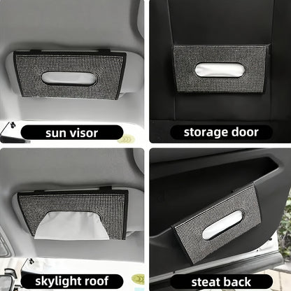 1pc Car Diamond Tissue Box, Car Sunshade Tissue Box, Flash Rhinestone Tissue Bag, Artificial Crystal Tissue Box.