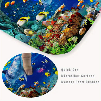 Open 3pcs Underwater World Series Colorful Jellyfish Dolphin Pattern Bathroom Mat Set Toilet Seat Ring U-shaped Foot Pad
