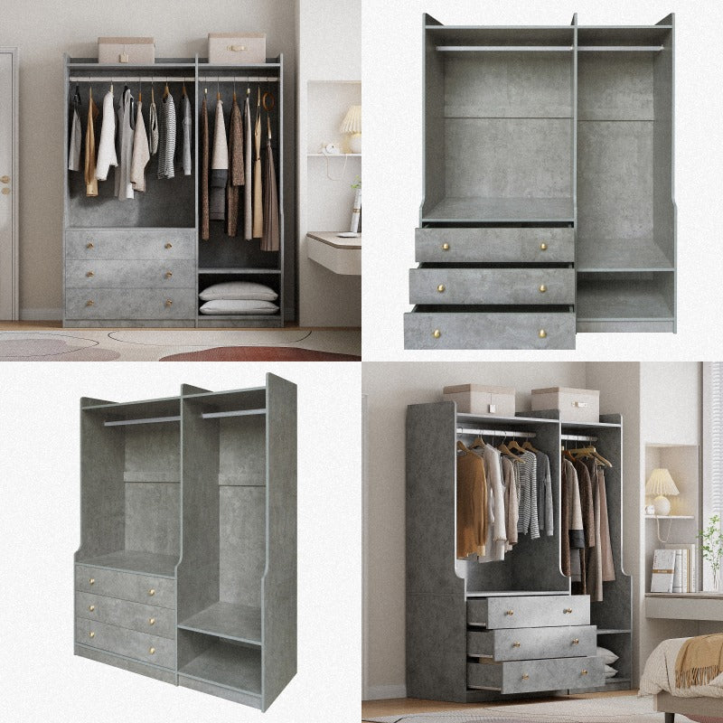Modern Gray Wooden Wardrobe Organizer with Dual Hanging Rods, 5 Versatile Shelves & 3 Spacious Drawers – Stylish Bedroom Storage Solution for Clothes & Accessories