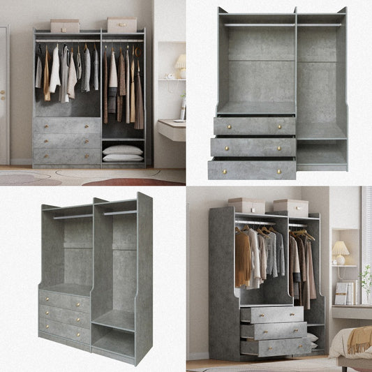 Modern Gray Wooden Wardrobe Organizer with Dual Hanging Rods, 5 Versatile Shelves & 3 Spacious Drawers – Stylish Bedroom Storage Solution for Clothes & Accessories
