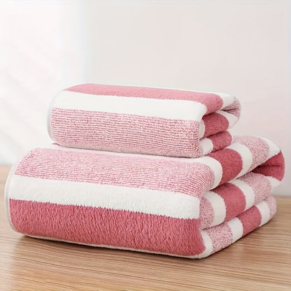 2pcs\u002Fset Ultra-Soft Striped Towel Set | 1 Bath Towel & 1 Hair Towel | Highly Absorbent Polyester | Autumn & Winter Comfort | Home Essentials