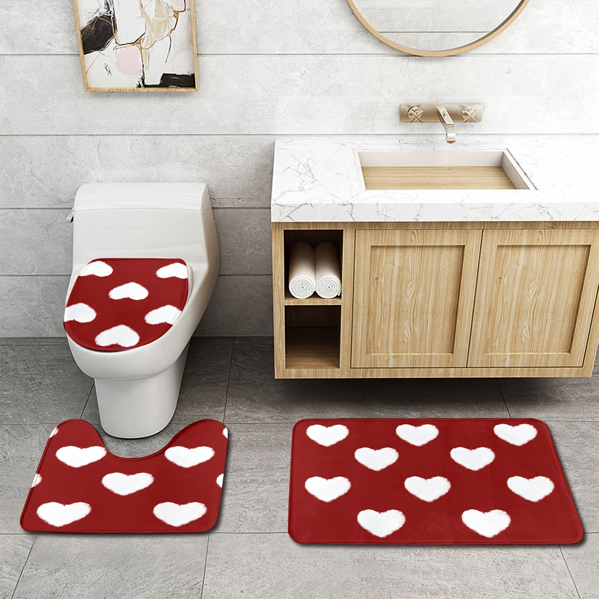 3pcs Valentine'S Day Bathroom Mat Set - Non-Slip, Machine Washable, Knit Polyester Bath Rug, Contour Mat, and Toilet Lid Cover - 550gsm, 1.2cm Thick, Rectangle Home Decor