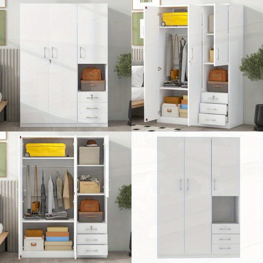 Modern White 2-Door Wooden Wardrobe with Shees, 3 Drawers & Open Compartments – Stylish Bedroom Storage Solution for Clothes, Shoes & Accessories, Shoe Storage Wardrobe | Functional Storage | Engineered Wood Wardrobe