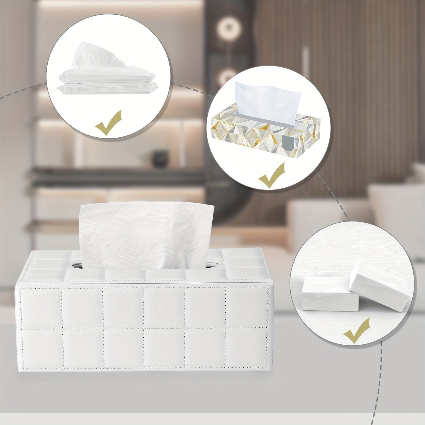 White Grid Wooden Tissue Box Holder, Magnetic Lock, Easy to Use, Home & Car Desk Tissue Storage, Bedroom, Living Room, Kitchen Gadget, Christmas Decor