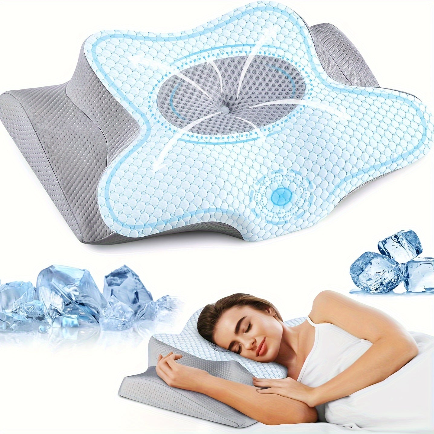 1pc Ergonomic Pillow, Hypoallergenic Neck Support for Pain Relief, Medium Soft Orthopedic Cervical Pillow with Removable Cover for Side, Back & Stomach Sleepers, Machine Washable - Blue