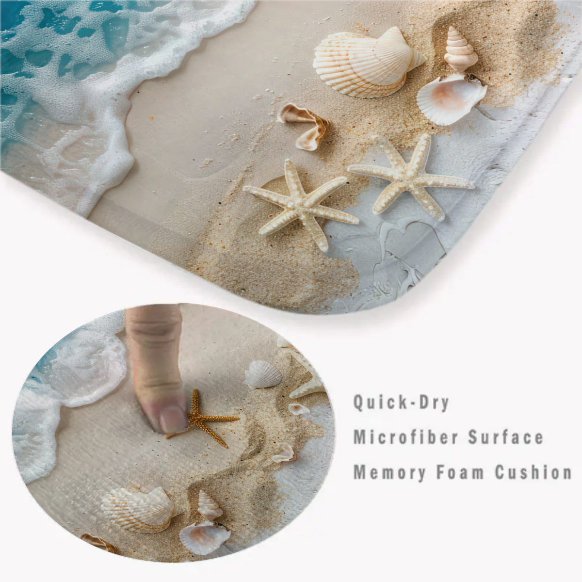 Beach Starfish Pattern Mat Set 3pcs Ocean Series Bathroom Mat Set - Fade Resistant, Woven, 580gsm Flannel Polyester - Includes Toilet Lid Cover, Seat, U-Shaped Foot Rug Beach Starfish Pattern