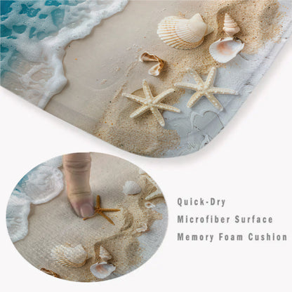 Beach Starfish Pattern Mat Set 3pcs Ocean Series Bathroom Mat Set - Fade Resistant, Woven, 580gsm Flannel Polyester - Includes Toilet Lid Cover, Seat, U-Shaped Foot Rug Beach Starfish Pattern