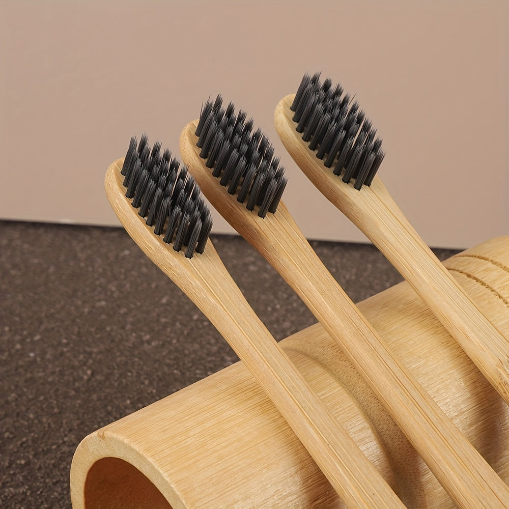 6pcs Bamboo Toothbrushes with Soft Nylon Bristles, Manual Wooden Handle for Sensitive Gums, Deep Cleaning Oral Care, High-Quality & Odorless, Includes Natural Wooden Holder for Daily Use, Toothbrush Holder