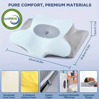 1pc Ergonomic Pillow, Hypoallergenic Neck Support for Pain Relief, Medium Soft Orthopedic Cervical Pillow with Removable Cover for Side, Back & Stomach Sleepers, Machine Washable - Blue