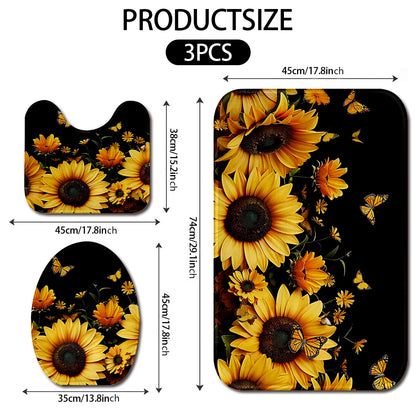 3pcs Sunflower & Butterfly Bathroom Rug Set - Thick, Non-Slip, Soft & Easy to Clean - Includes Bath Mat, Contour Pad & Toilet Lid Cover